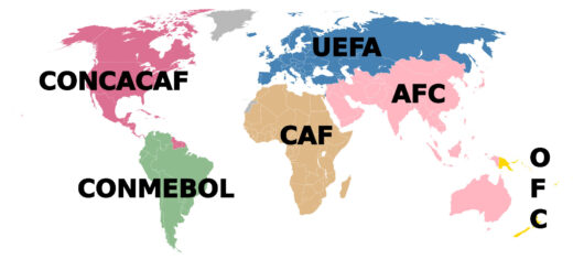 FIFA liikmete kaart vastavalt nende konföderatsioonile. AFC on Aasia jalgpallikonföderatsioon Aasias ja Austraalias, CAF on Aafrika jalgpallikonföderatsioon Aafrikas, CONCACAF on Põhja-, Kesk-Ameerika ja Kariibi mere piirkonna jalgpallikonföderatsioon Põhja-Ameerikas ja Kesk-Ameerikas, CONMEBOL on jalgpallikonföderatasioon Lõuna-Ameerikas, OFC - Okeaania jalgpallikonföderatsioon Okeaanias ning UEFA on Euroopa Jalgpalliliit Euroopas.